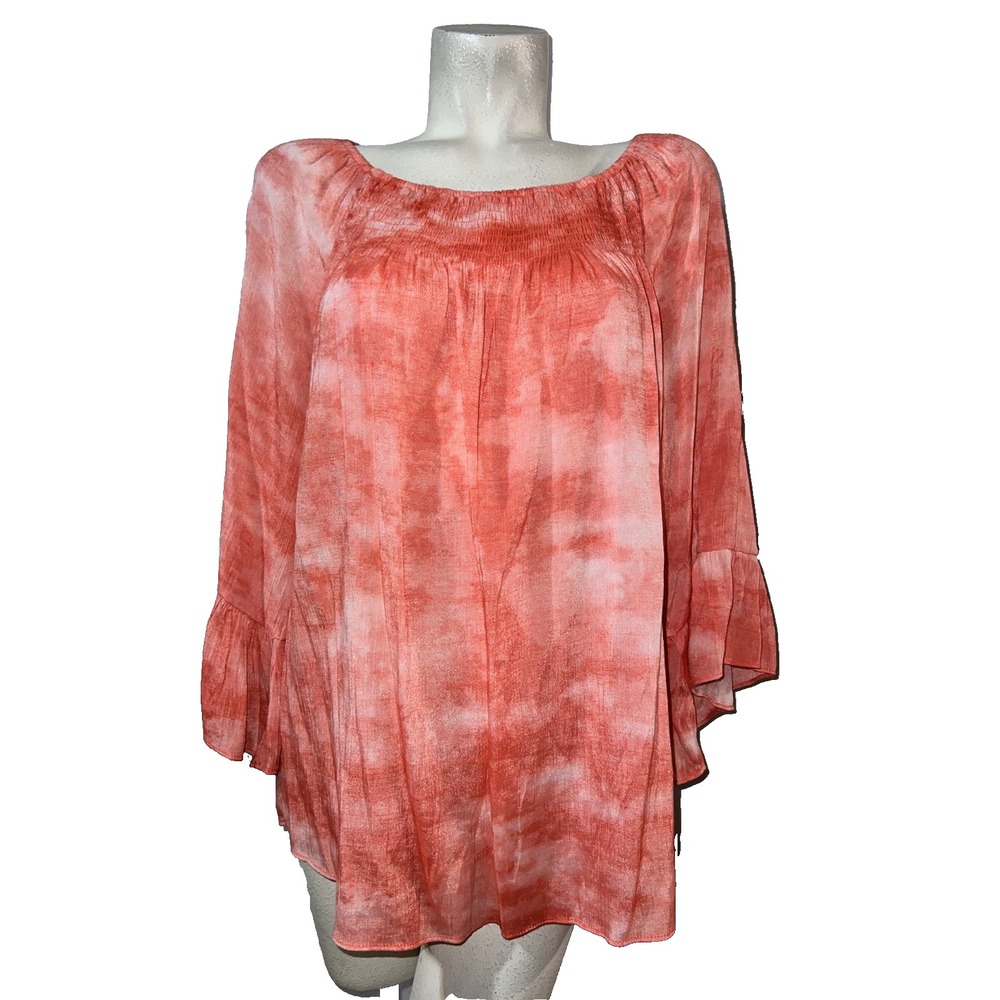 Zac & Rachel Woman Coral Tie Dye Smocked Square Neck Bell Sleeve Blouse 1X